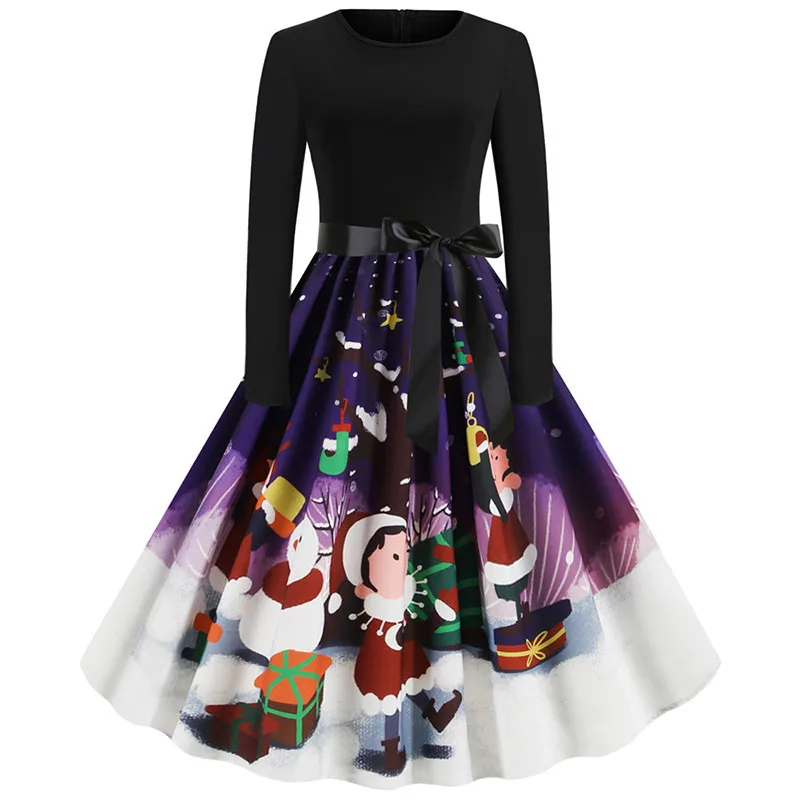 

Women Christmas Dress Elegant Midi Long Sleeve Black Print Winter Holiday Xmas Party Dress Vintage A-Line Robe Femme Vestidos