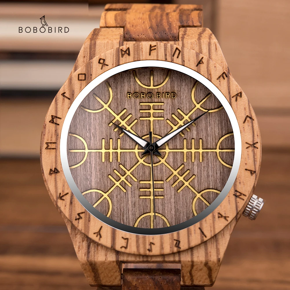 

BOBO BIRD Wooden Men Watch Helm Of Awe Watch Quartz Wristwatch Man Handmade Rune Clock Valentine's Day Gift Relogio Masculino