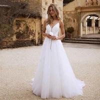 elegant weddding dresses 2021 sexy deep v spaghetti straps lace appliques backless a line sweep train bridal gown robe de mari%c3%a9e