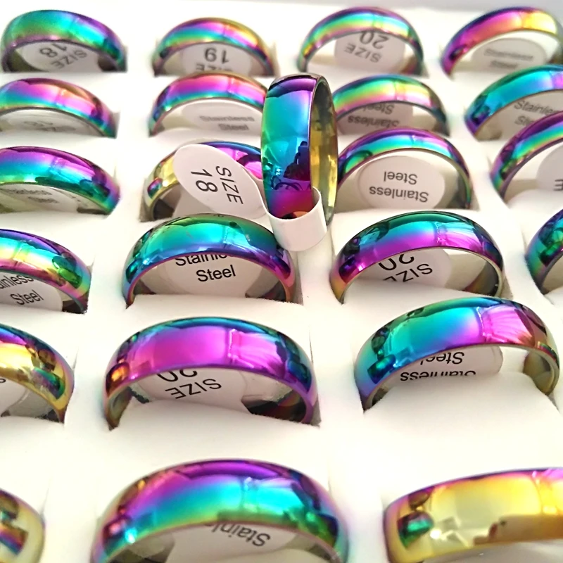 50 шт. радужные качественные удобные 6 мм браслеты из нержавеющей стали обручальные кольца для мужчин и женщин Свадебные обручальные ювелирные изделия