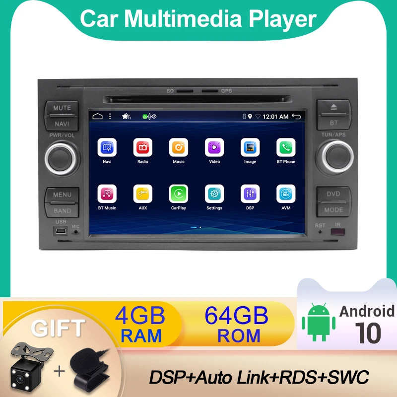 

For Ford/Mondeo/Focus/Transit/C-MAX Fiesta Fusion Car Radio Multimedia Player Android 10 2din GPS Carplay+DSP+RDS+AUX+BT+AHD+SWC