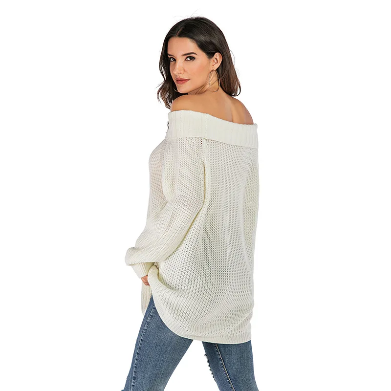 

Autumn Winter Casual Knitted White Color Sweater Slash Neck Loose Size S-xl Women Basic Pullover Jl-bfz6177