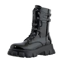 Bottes de moto légères à semelles épaisses pour femme, bottes à lacets croisés, longueur au genou, deux types de doublure, mode de rue, automne ou hiver  (1)