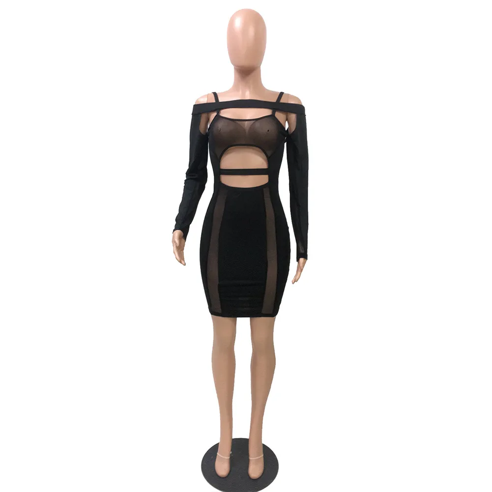 Женское мини платье с длинным рукавом и вырезом в сетку|Женские платья| |