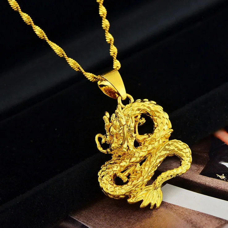 24K позолоченные китайские Подвески Loong Dragon круглый крест цепочка короткое