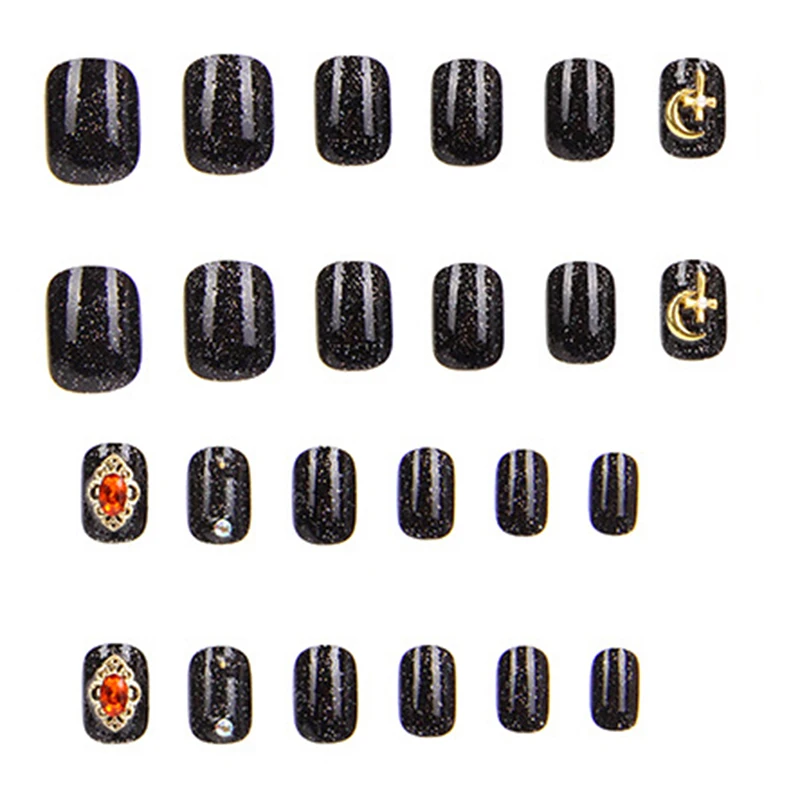 24pc/set Punk Rhinestone Fake Nails Short Round Head Full Cover Black Design Fashion Nail Art | Красота и здоровье