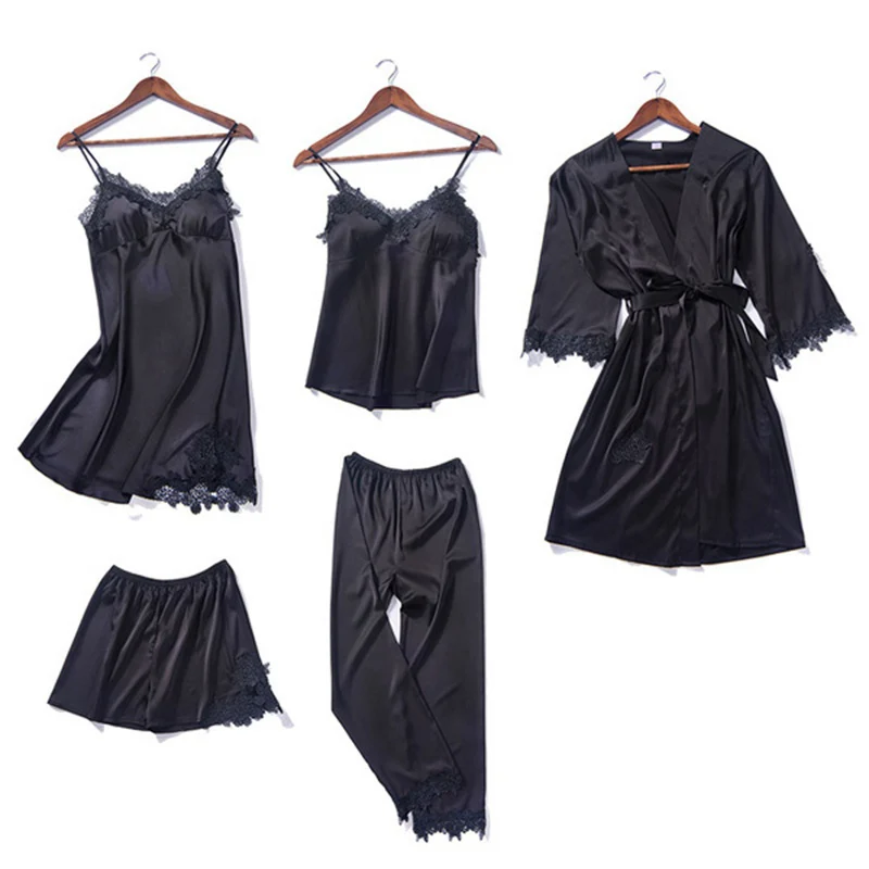 Комплект одежды для сна женский из 5 предметов Шелковый кружевной халат длинные