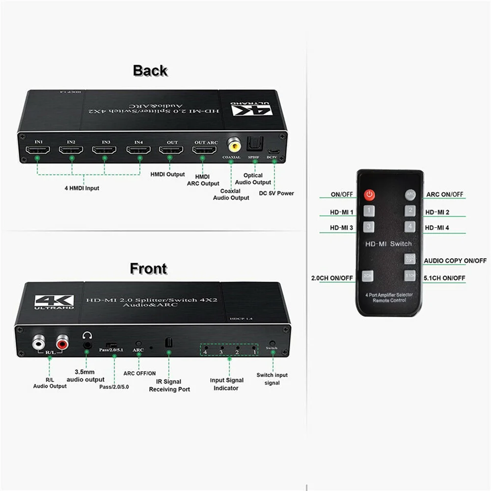 KuWFi 4K/60Hz HD-MI переключатель с дистанционным управлением 4x2 HDR звука дугой и