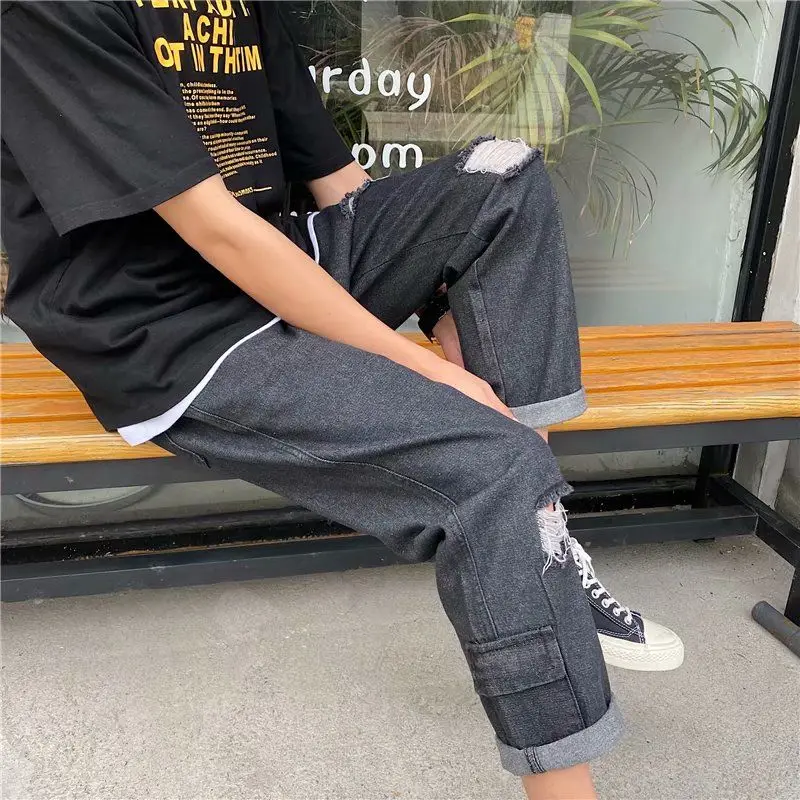Jeans Ripped Mens Pants Straight Loose Capri-Pants Korean Blue Jeans Casual Male Hiphop Fashion Streetwear Distressed Jeans