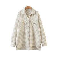 spring autumn women beige plaid oversized tweed jacket 2021 pockets loose casual long sleeve coats female outerwear tops