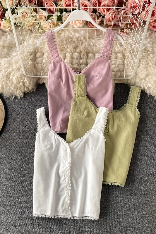 

Sweet Vintage hollow lace short short vest female tops 2021 summer new single-breasted umbilical camisole for women cute tops