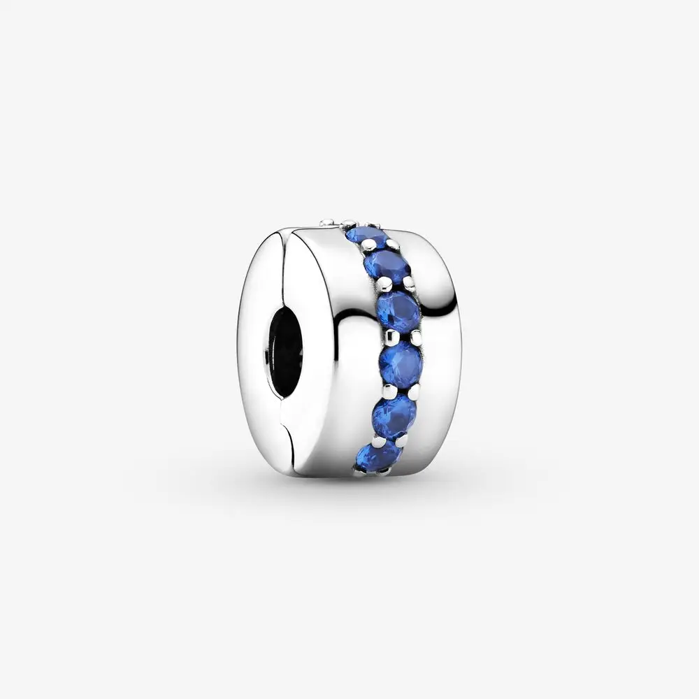 

100% 925 Sterling Silver Blue CZ Sparkling Clip Charms Fits Pandora Bracelet Stopper Beads DIY Jewelry Making Bijoux Femme