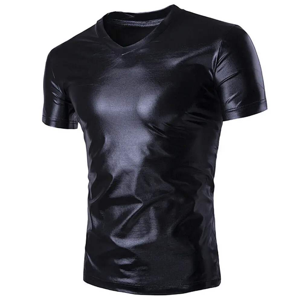 Футболка мужская блестящая кожаная топ для танцев рубашка с коротким рукавом