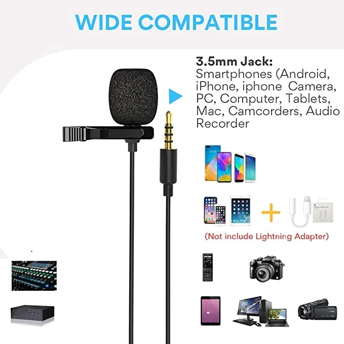

Lavalier Microphone 1.5m Mini Portable Clip-on Lapel Mic with Omnidirectional Condenser for Podcast, Recording, DSLR,Camera, PC