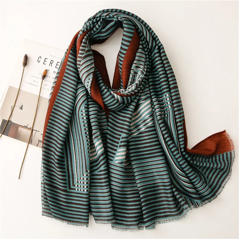 

2021 Women Spain Luxury Viscose Shawl Ombre Green Stripes Scarf Print Soft Wrap Pashminas Stole Bufandas Muslim Hijab 180*90cm