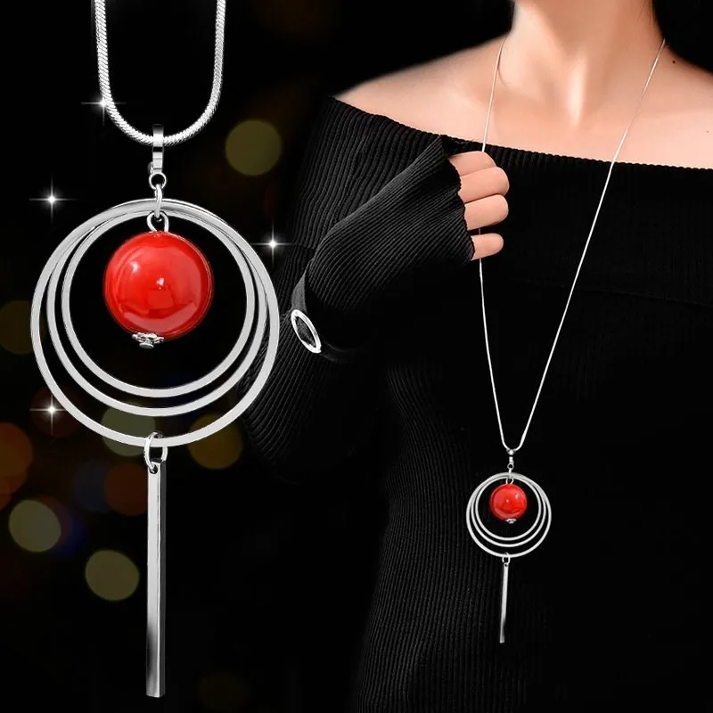 Женское длинное ожерелье Collier Femme винтажная Серебряная цепочка с круглым красным
