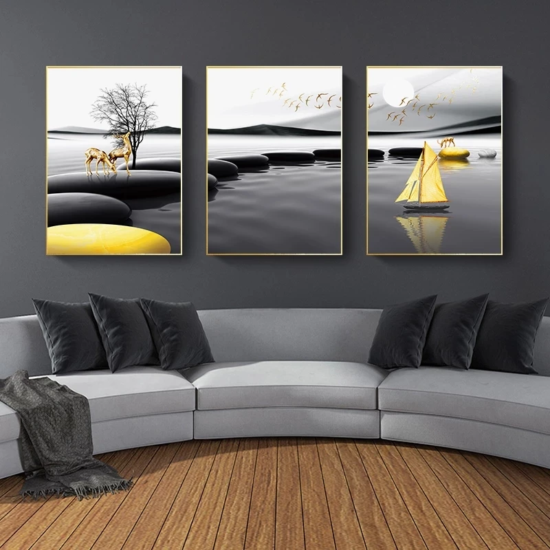 

Black Yellow Stone Boat Deer Abstract Art Canvas Painting Living Room Bedroom Cafe Internet Nordic Style Wall Art Pict