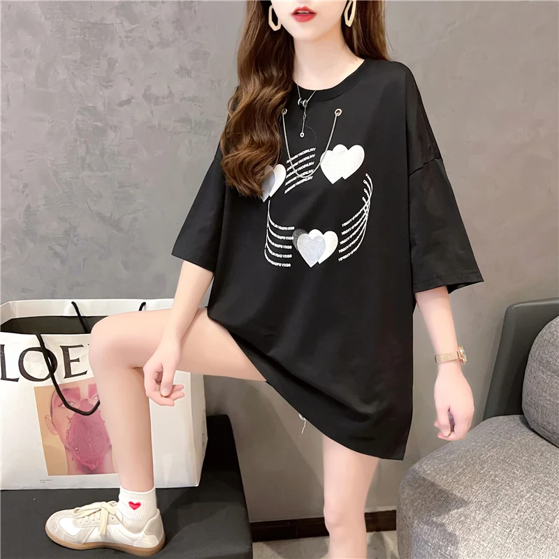 

Houthion Women's T-shirt New Loose Plus Size Casual Fashion T Shirt Mid-length Short Sleeve Love Print O-neck Top Summer
