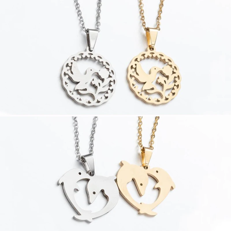 

Trend Playful Couple Dolphin Pendant Necklace Gold Silver Color Bird Kissing Flower Necklaces for Women Men Engagement Jewelry