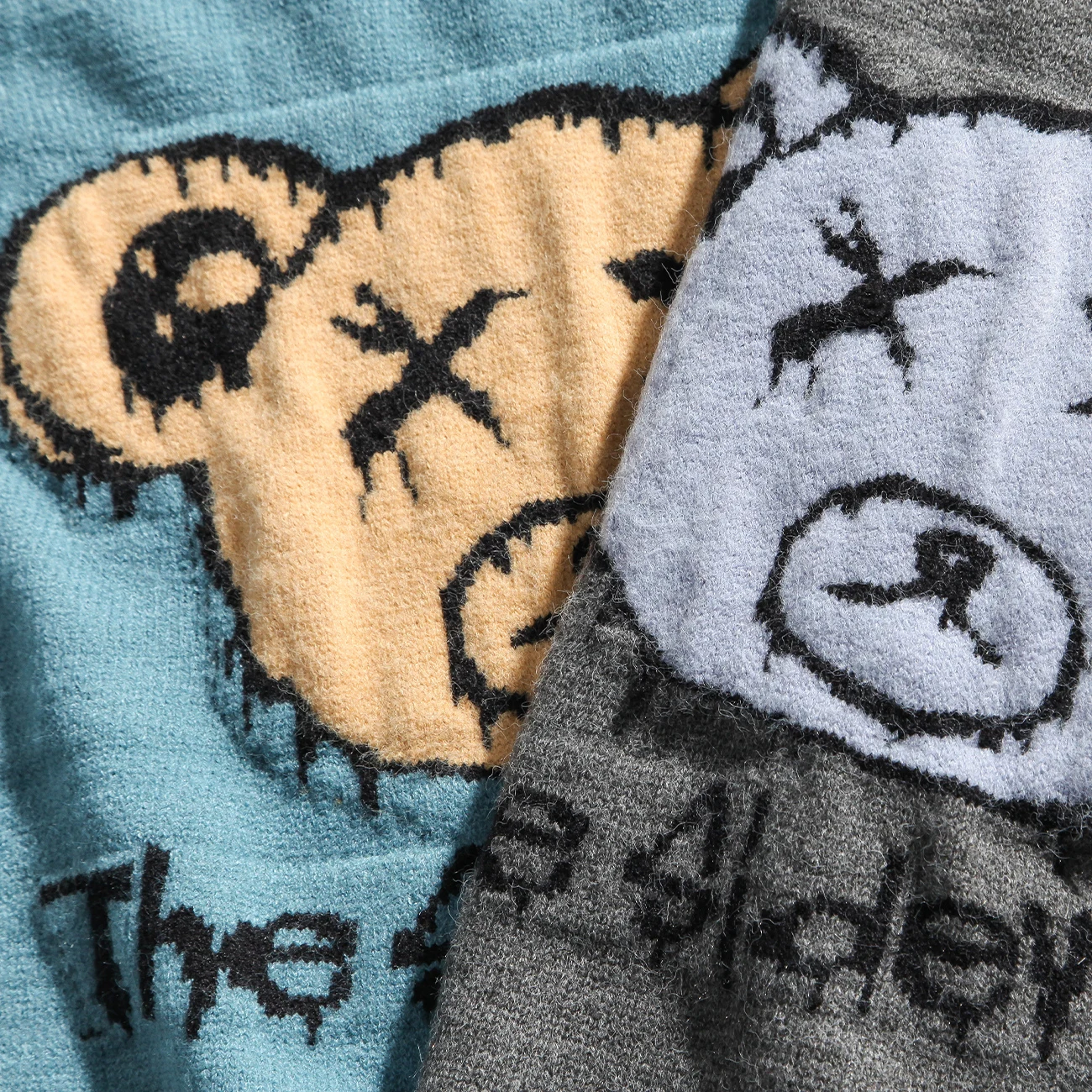 

Harajuku Sweater Pullover Women Bear Head Print Knitted Sweater Hip Hop Street Retro Winter Sweater Blue Vintage Korean Style