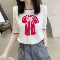 2021 summer new bowknot jacquard round neck short sleeve ice silk top womens casual age reducing loose thin t shirt