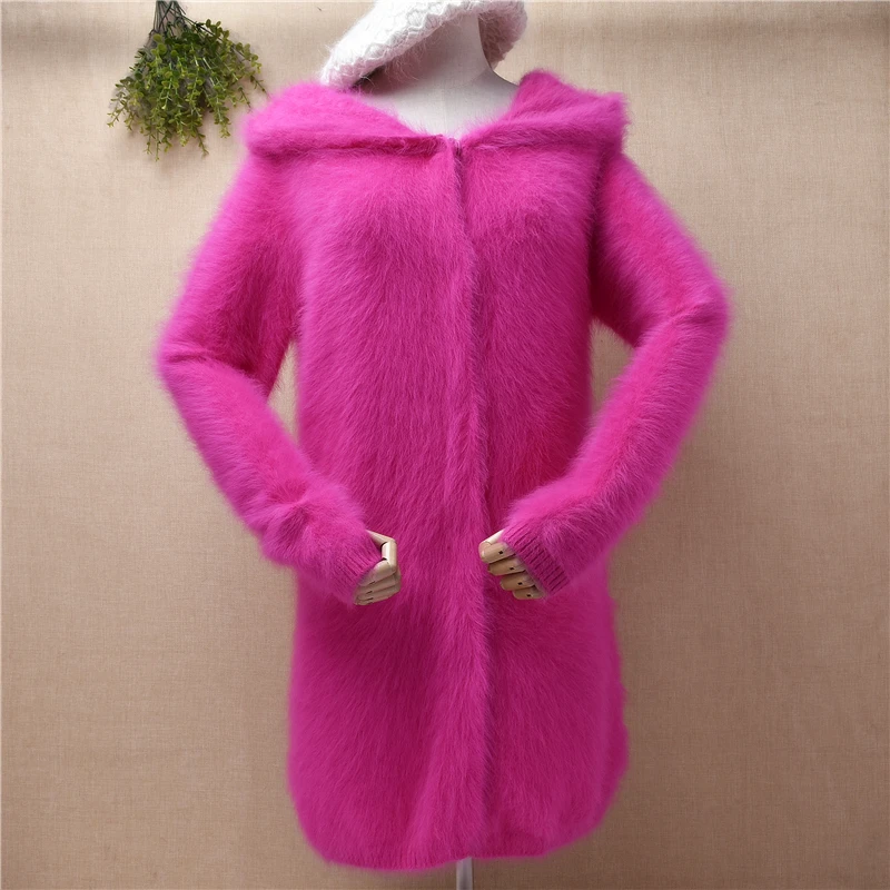 

ladies women pull rose hairy plush mink cashmere knitted long sleeves hooded cardigan slim angora fur jacket coat long sweater
