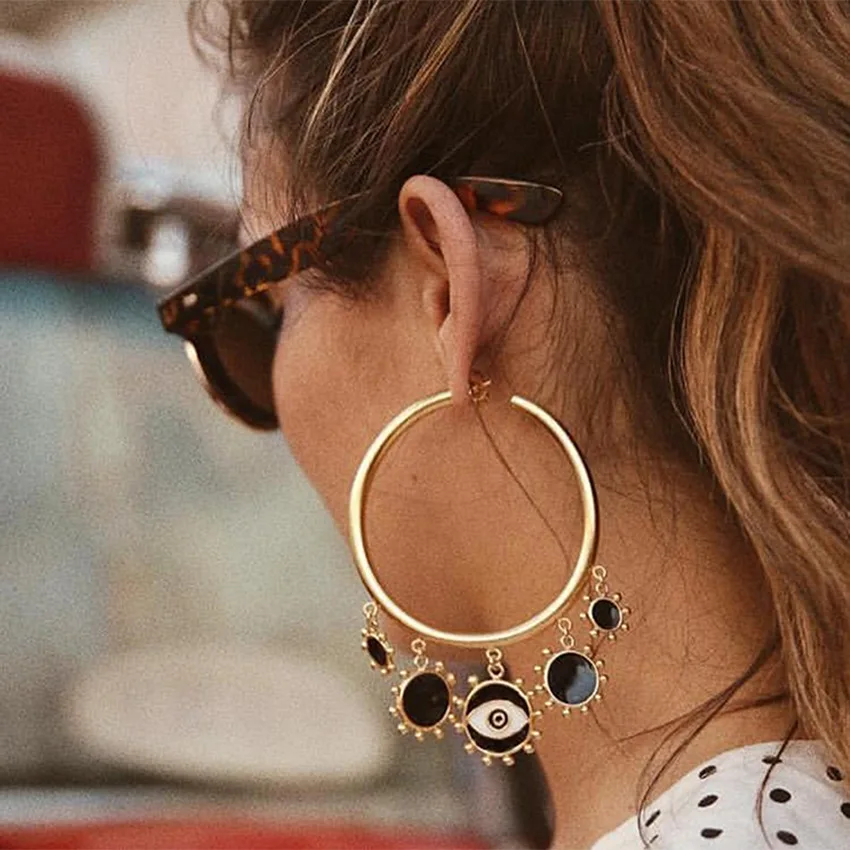 

Fashion New Women Devil's Eyes Earrings Exaggerated Big Circle Earrings Gold Plated Black Eye Dripping Dangle Ear Ring