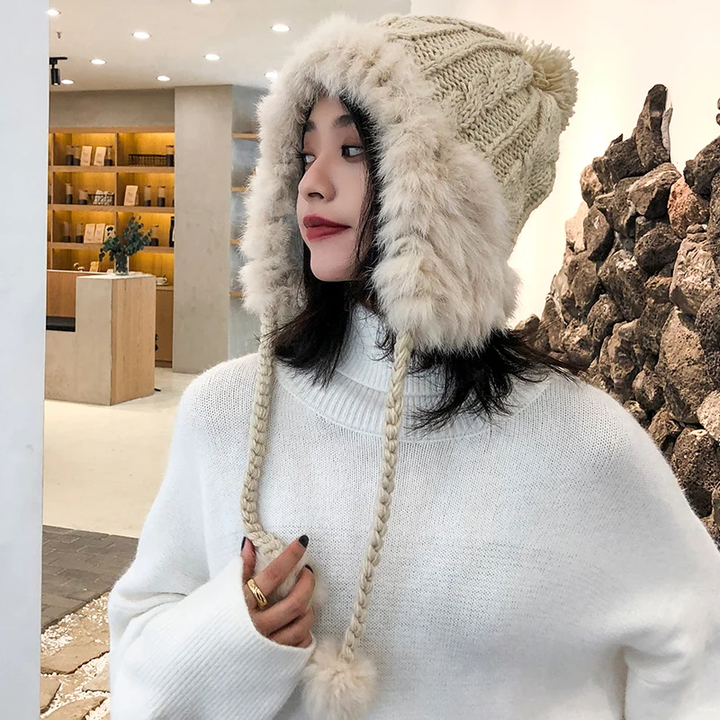 Зимние шапки для женщин толстые теплые вязаные Gorros женские милые белые шарики наушники шапки Белые зимние женские шапки и шапочки