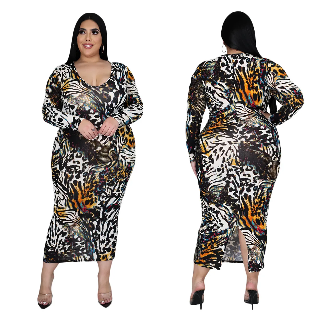 

Coolhappy 2021Europe And America Tight-fitting Bag Hip Leopard Print Round Neck Sexy Maxi Dress Plus Size Bodycon Dress