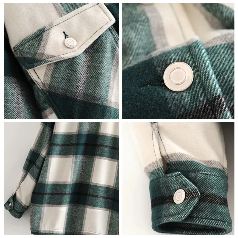 ROHOPO длинный рукав отложной воротник Шотландка большие пуговицы карманы толщина