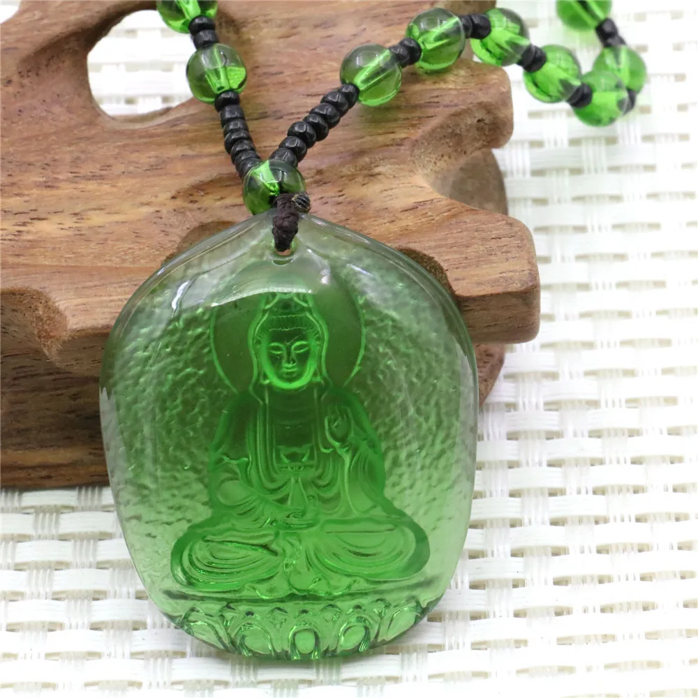 

40X45mm Green Buddhist Guanyin Glaze Beads Amulet Necklace 24inch Long Chain Lucky Women Neckware Fashion Jewelry Making Design