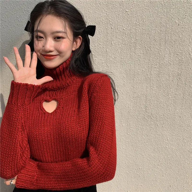 

Autumn Winter Women Turtleneck Sweater Heart Hollow Out Sexy Knitwear Ladies Long Sleeve Knitted Pullovers Solid Chic Tops