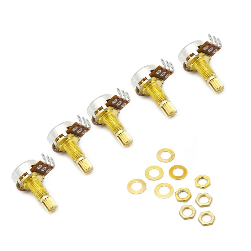 

5pcs A500K Potentiometer Splined Pot Electric Guitar Bass Effect Amp Tone Volume 18mm Shaft Parts Golden