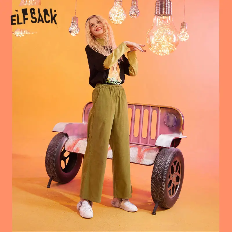 Женские вельветовые брюки ELFSACK зеленые однотонные повседневные широкие с