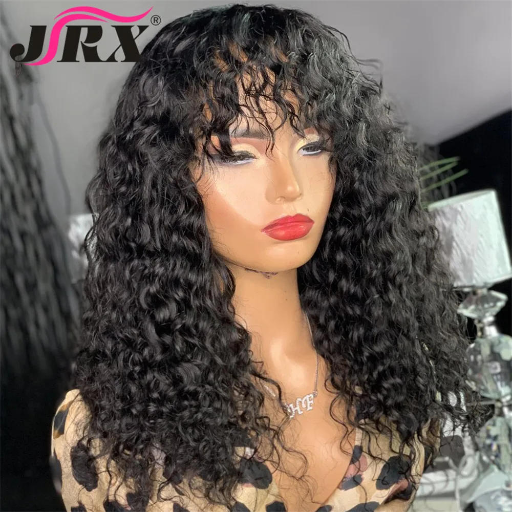 Brazilian Curly Wig with Bangs Deep Wave Glueless Human Hair Wigs for Black Women 180% Density Black Color Full Machine Made Wig