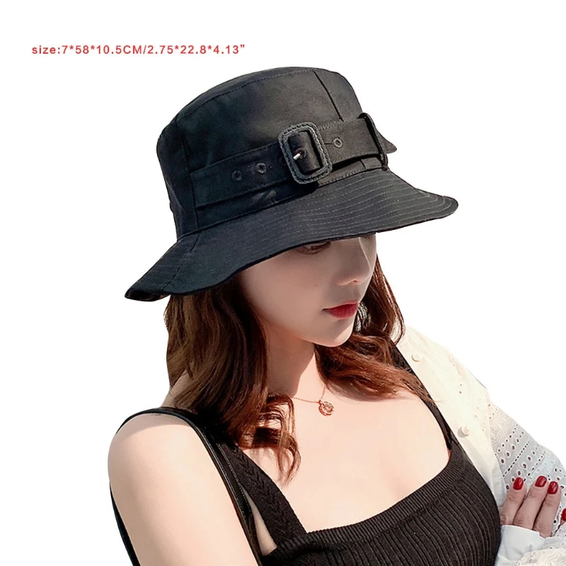 

573B Women Summer Solid Color Bucket Hat Elegant Buckle Belt Sunscreen Fisherman