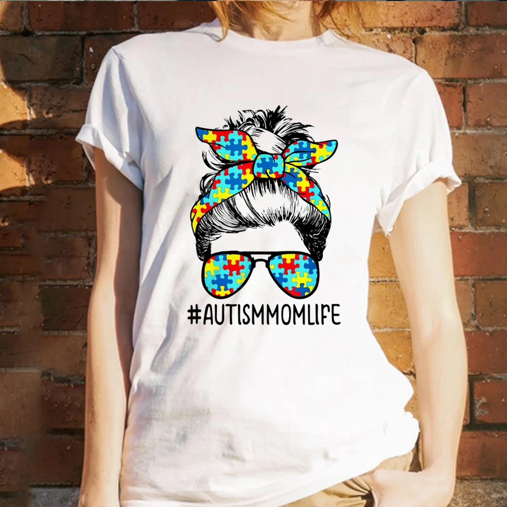 

Autism Mom Life T Shirt Messy Bun Sunglasses Bandana Mothers Autism Awarness Graphic Cotton Tees