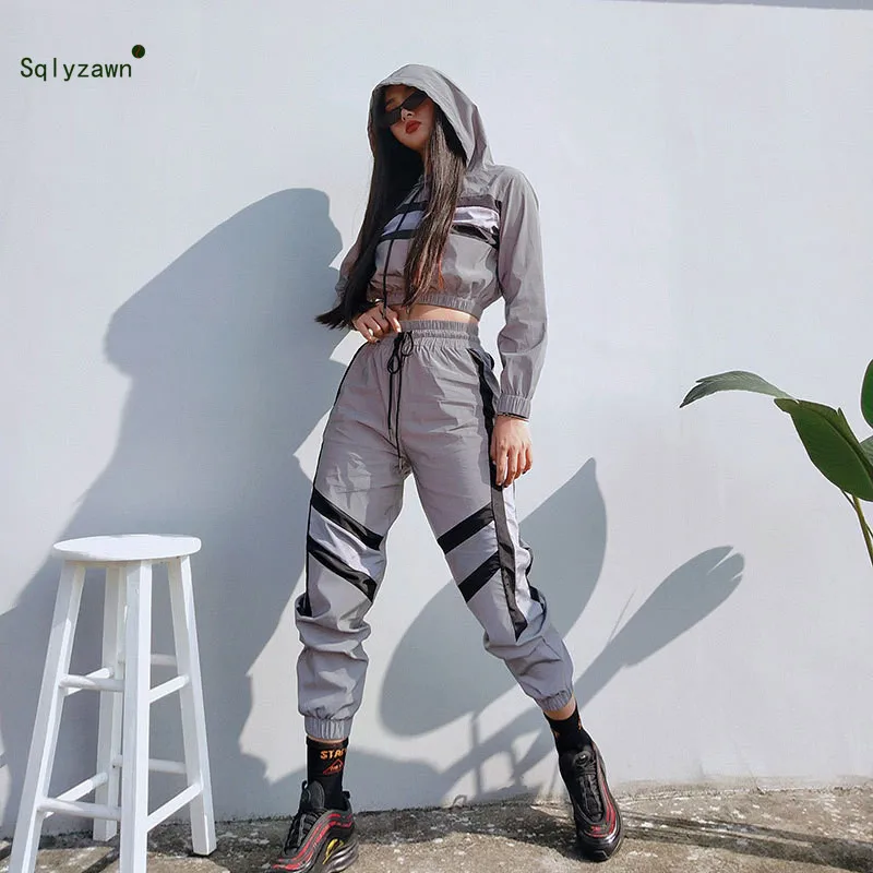 

Gothic Reflective Stripe Gray Women's Two Piece Pants Set Fall Streetwear Hooded Long Sleeve Top + Trouser Matching Track Outfit