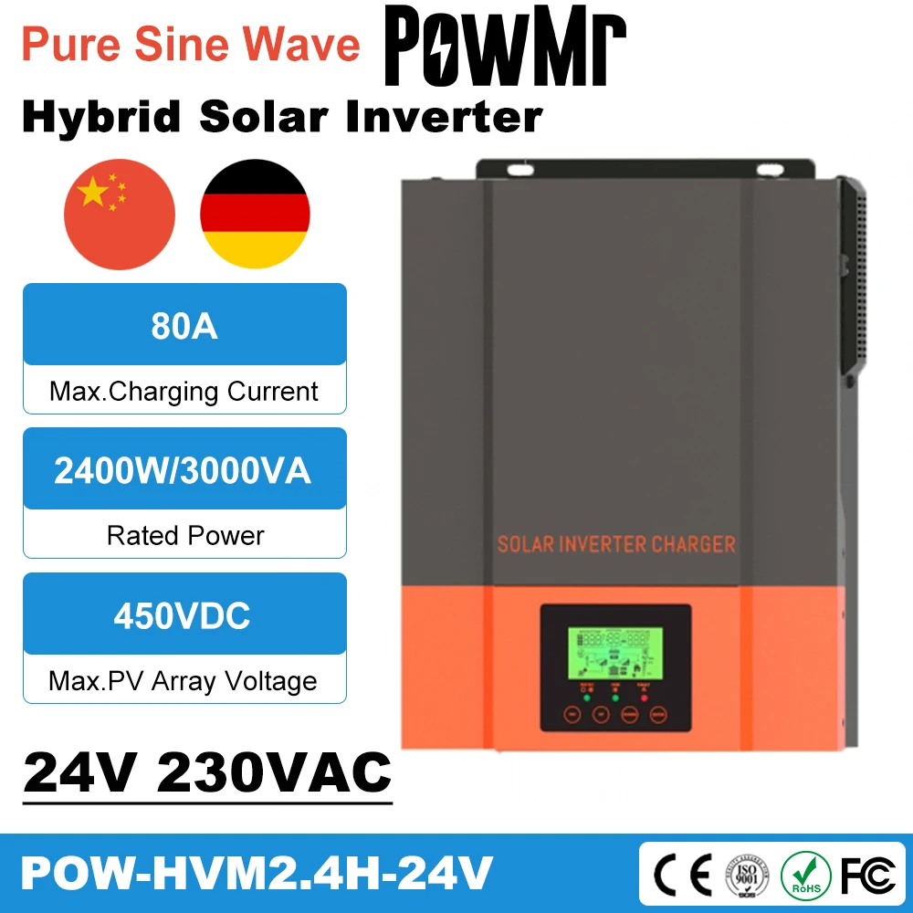 

PowMr 3KVA 2400W Hybrid Solar Inverter 24V 230V PV Max 450V Built In 80A MPPT Pure Sine Wave Inversor Solar Charge Controller