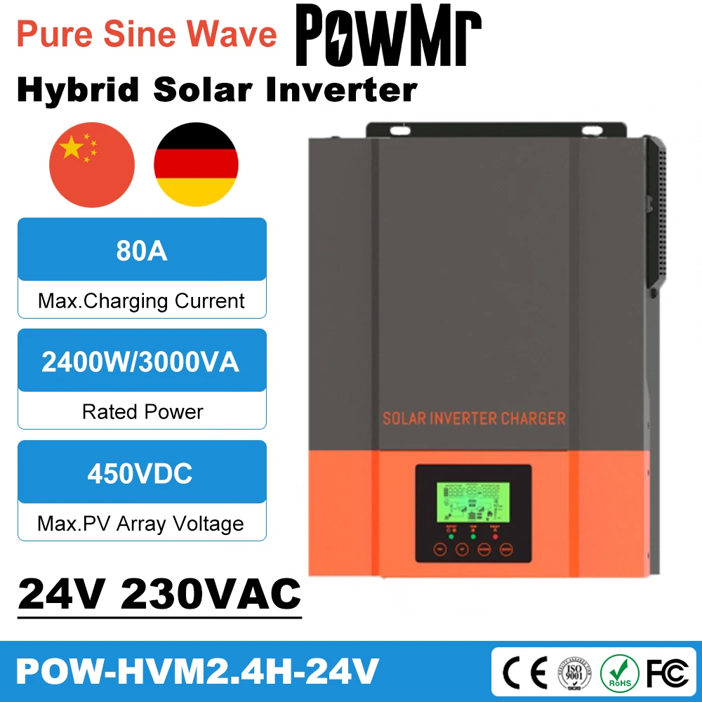 

Гибридный солнечный инвертор PowMr, 3 кВА, 2400 Вт, 24 В, 230 В, PV, макс. 450 в, Встроенный MPPT Контроллер заряда с немодулированным синусоидальным сигнал...