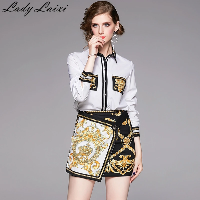 Fashion Runway Spring Suit Women's Long Sleeve Vintage print Shirt and Baroque Printed Skirt Two Pieces Lady Set |