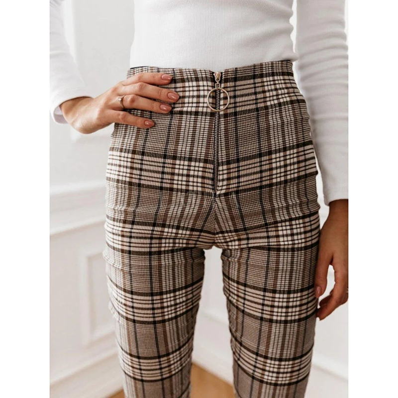 

Plaid Pants Women Leggings Slim-Fit High Waist Autumn Winter British Style Retro Casual Zip-Up Stretchy Trousers Female SJ5392C