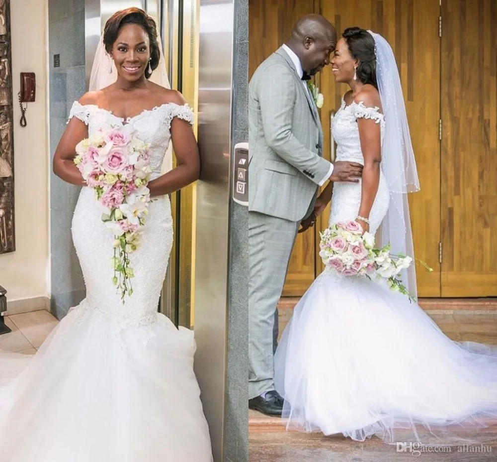 

Nigerian African New Mermaid Wedding Dresses Off Shoulder Lace Applique Backless Chapel Train Wedding Bridal Gowns Custom Made
