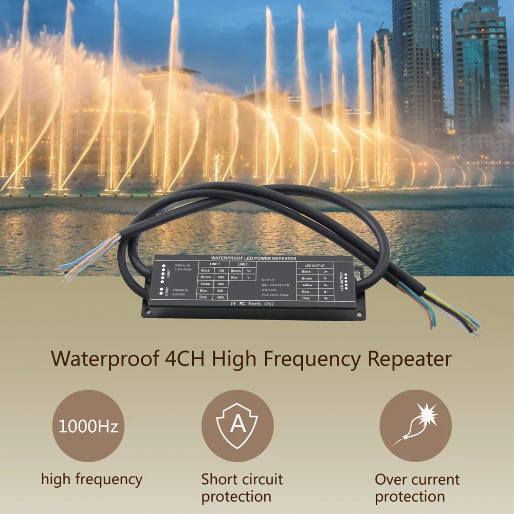 

5A x 4CH Waterproof high frequency constant voltage LED Repeater DC 5V - 24V For all kinds of PWM controller power expansion