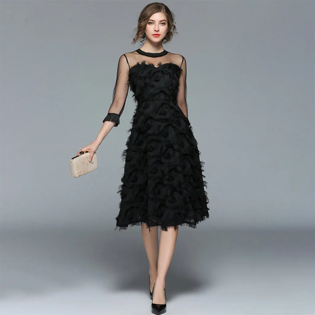 Осеннее женское облегающее платье с рукавом три четверти Сетчатое однотонное