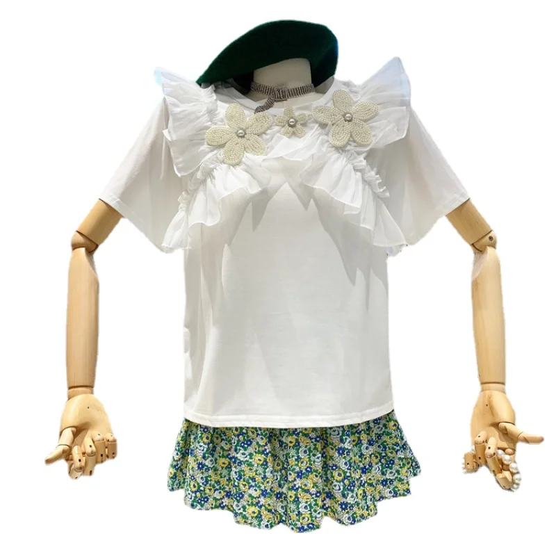 

Women's Floral Tshirt Ruffled Three-Dimensional Flower Sweet Round Neck Solid Color Short Sleeve T-shirt Casual Female Top Tees