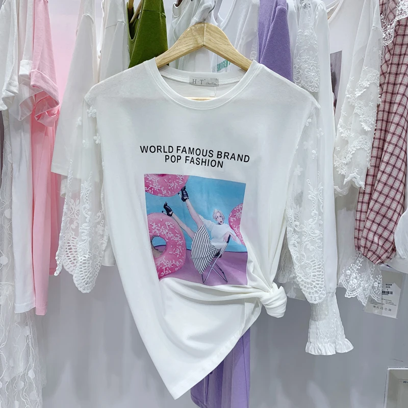 

South Korea Dongdaemun spring and summer 2021 new print five-minute sleeve top hollow-out crocheted mesh Mosaic letter T-shirt