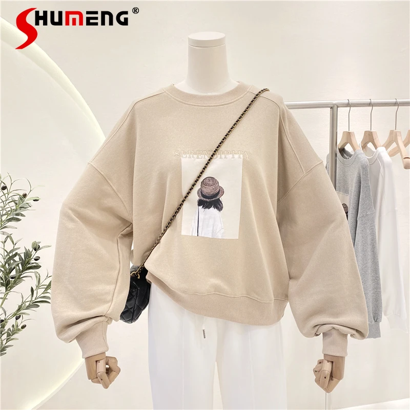 

2021 New Fall Ladies Retro Printed Pullover Sweatshirt Women's Fashion Loose Streetwear Top Simple Round Neck Long Sleeve Hoodie