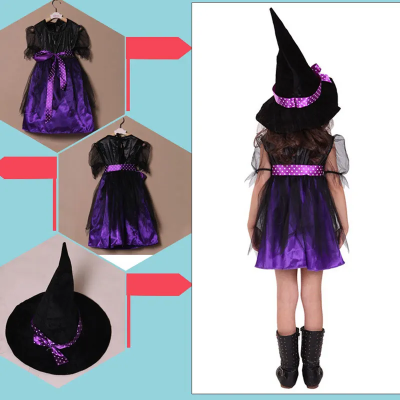 

Newly Kids Children Girls Halloween Witch Dress+Hat Children's Day Princess Party Dresses Carnival Cosplay Costume DO99