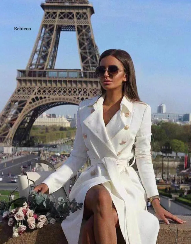 

Women Vintage Double Breasted White Trench Coat for Women Sashes Slim Long Trench Female Winter Office Solid Trench Dress